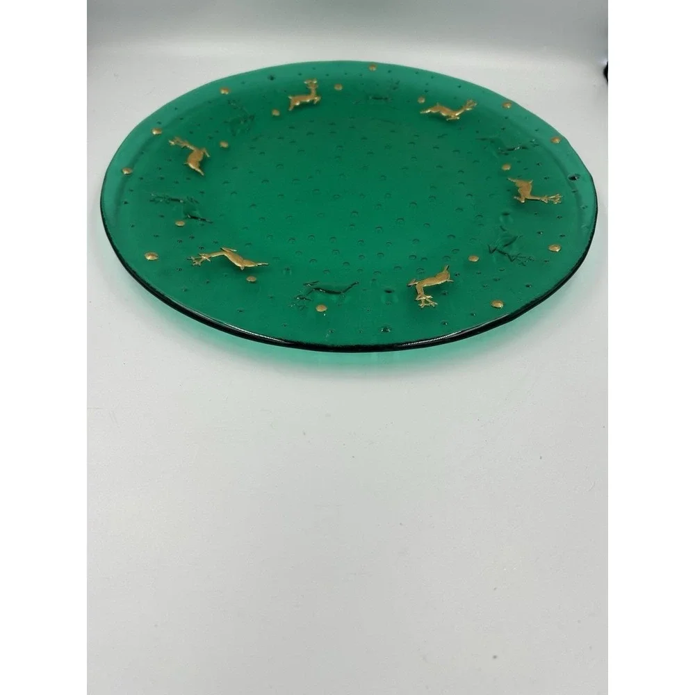 VTG Green Glass Christmas Platter/Charger /Gold Reindeer Textured Centerpiece